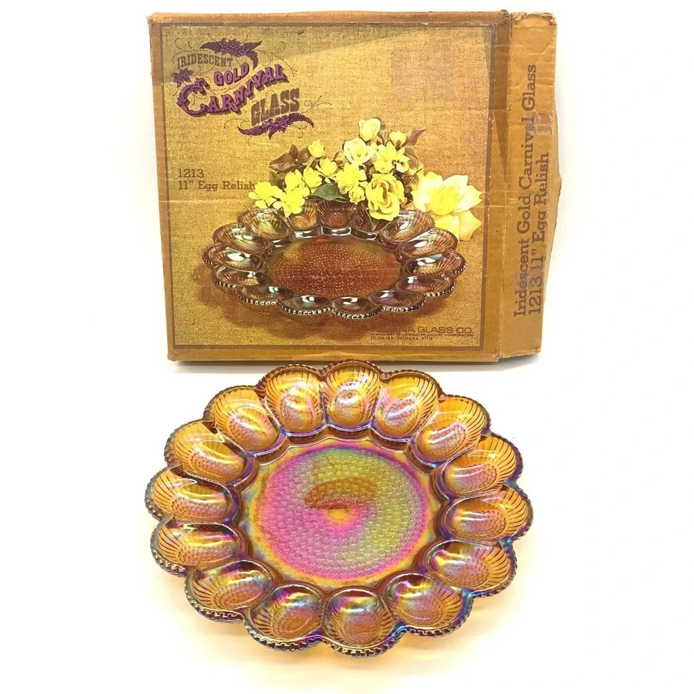 Indiana Glass Marigold Carnival Glass Deviled Egg Plate Relish Tray Hobnail 1213